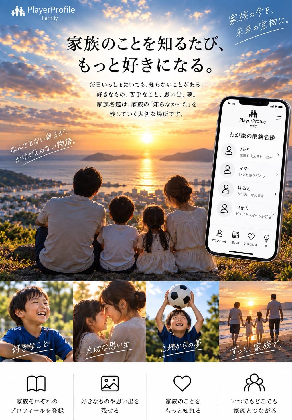 PlayerProfile Family — 家族のことを知るたび、もっと好きになる。夕日の海を見る家族4人と、わが家の家族名鑑の画面