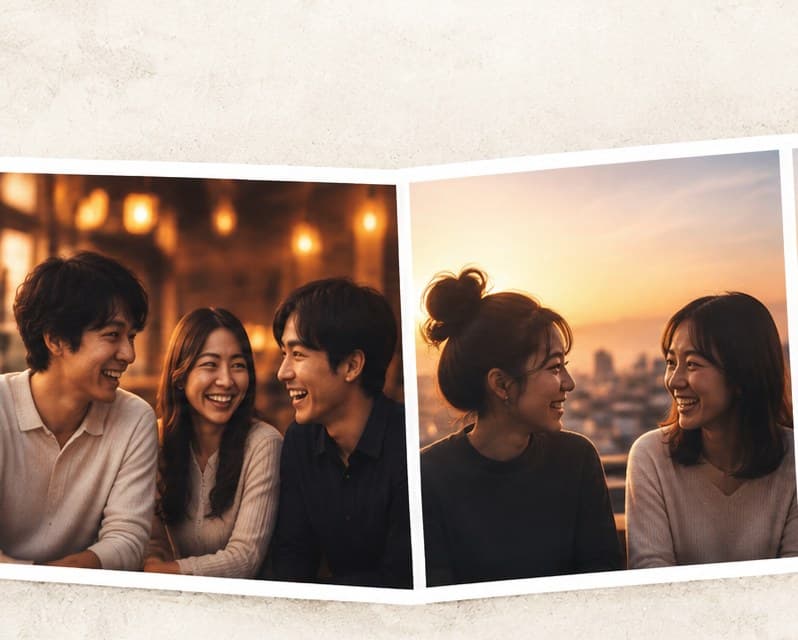 居酒屋で笑う3人の仲間、夕日の街で話す2人
