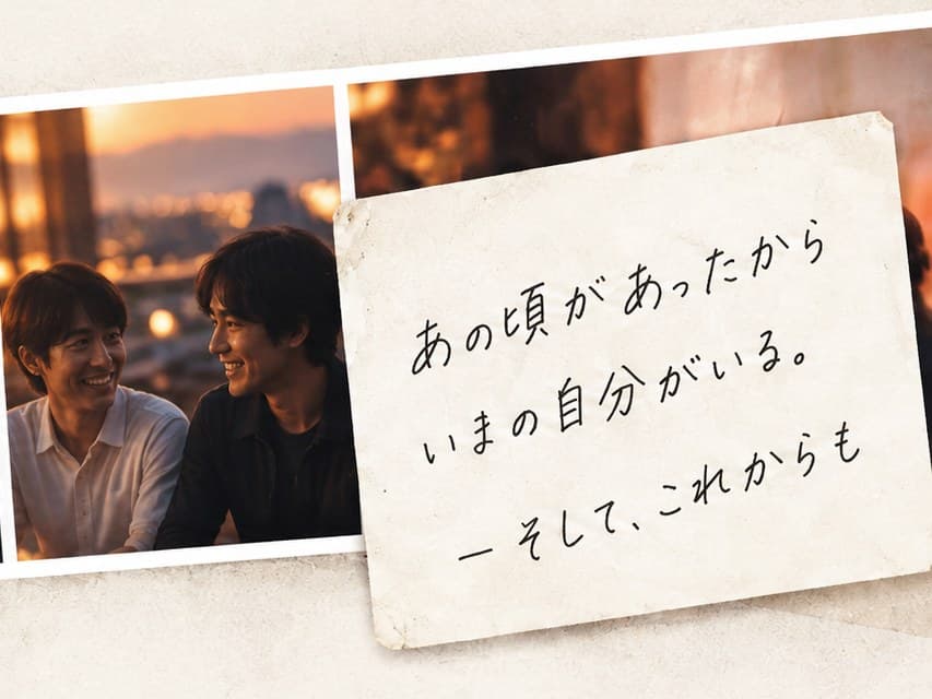 夕日の街で話す2人。メモ「あの頃があったから いまの自分がいる。— そして、これからも」