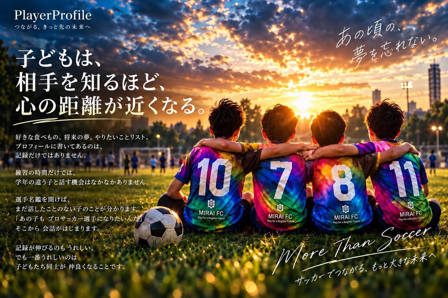 PlayerProfile — 子どもは、相手を知るほど、心の距離が近くなる。夕日のグラウンドで肩を組む4人の子どもたち